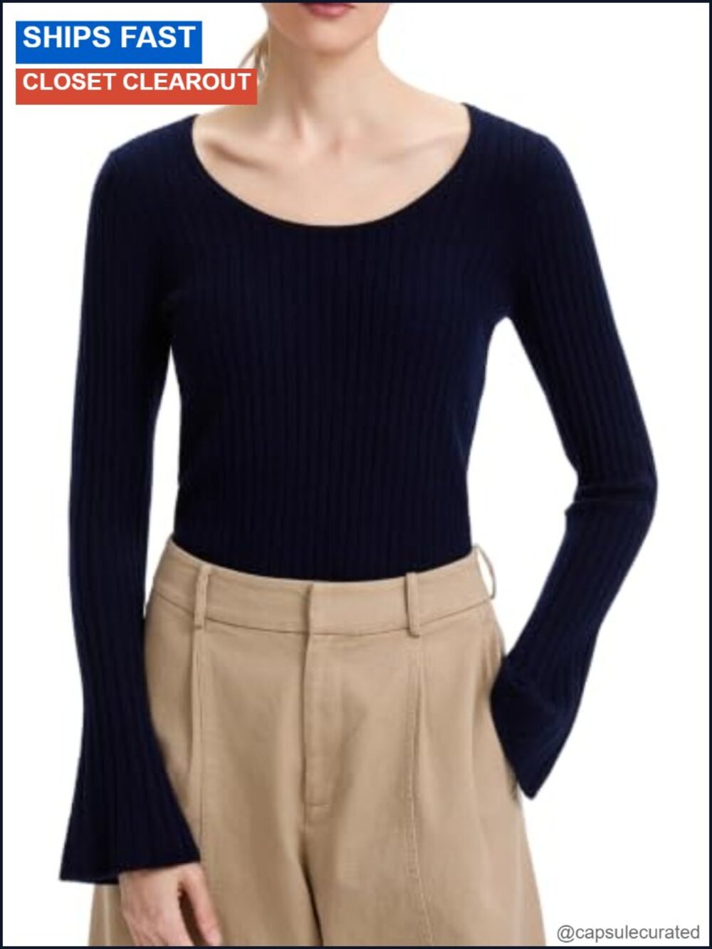 Merino Wool U-Neck Flare Sleeve Ribbed Knit Pullover Sweater